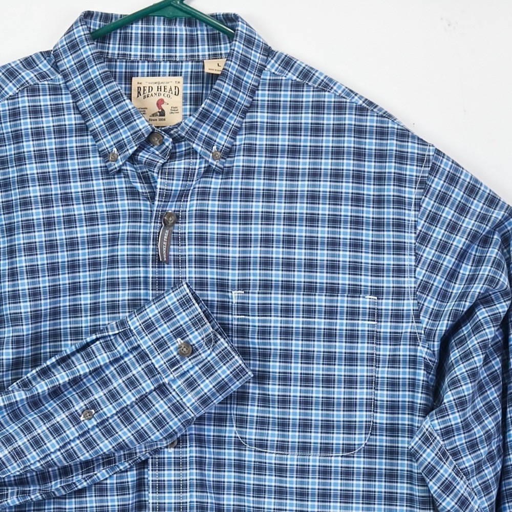 Red Head Brand Mens Shirt Large Blue Plaid Button Down Long Sleeve Cotton Casual